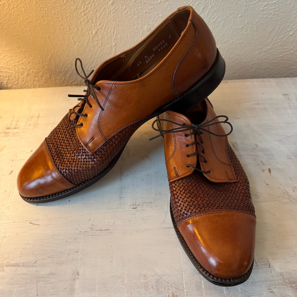 Allen Edmonds Como Woven Cap-Toe Oxfords — Tan Leather — Size 12A